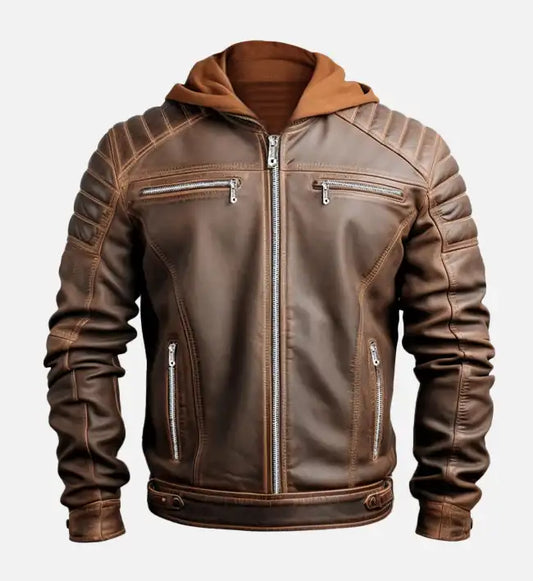 Men's Voguish Brown Detachable Hooded Leather Jacket