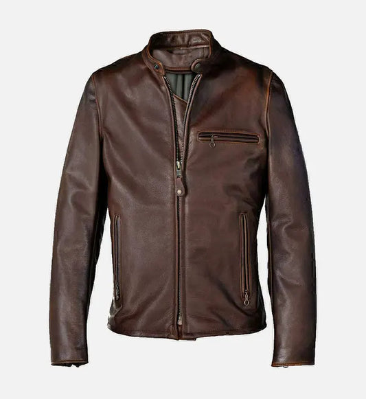 Men's Brown Distress Cafe Racer Leather jacket