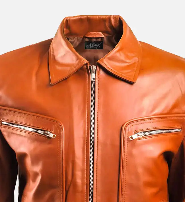 Men’s Brown Leather Jacket with Zip Pocket