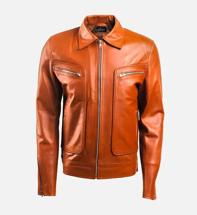 Men’s Brown Leather Jacket with Zip Pocket