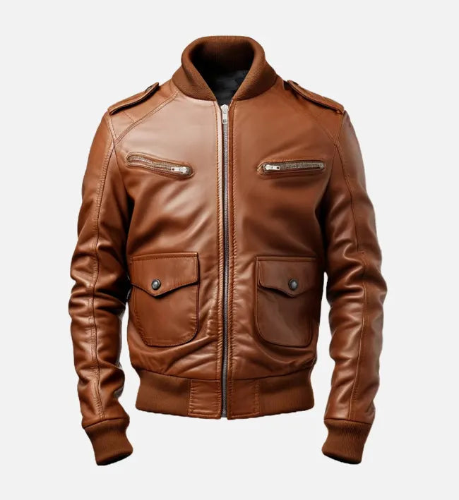 Men's Brown Leather Strap Pocket Style Bomber Jacket