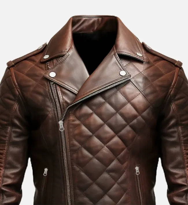 Men's Quilted Biker Brown Leather Jacket