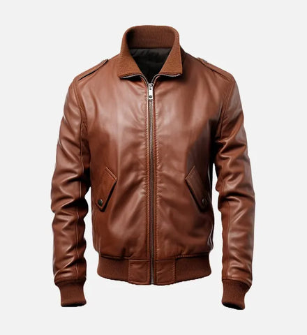 Men's Brown Slim Fit Bomber Leather Jacket