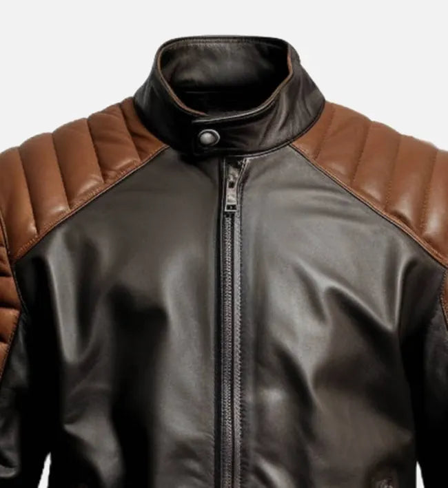 Men's Brown Black Cafe Racer Leather Jacket