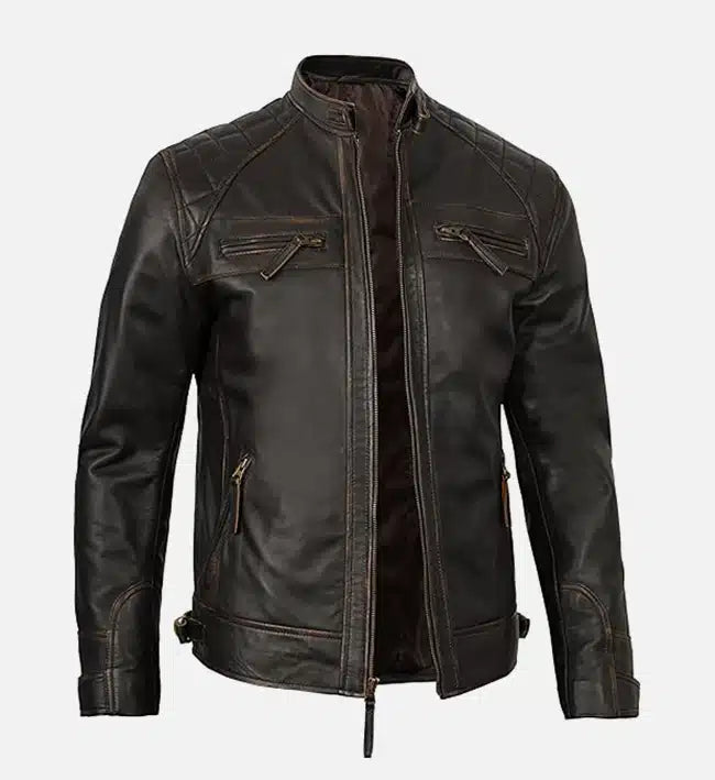 Men's Cafe Racer Distressed Brown Leather Jacket