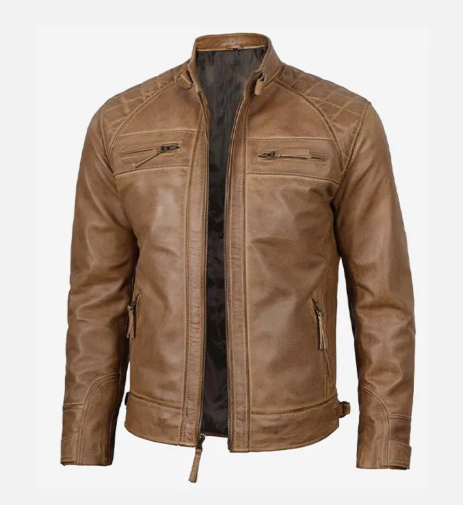 Men's Cafe Racer Camel Brown Leather Jacket