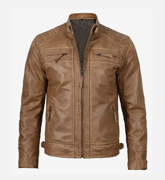 Men's Cafe Racer Camel Brown Leather Jacket