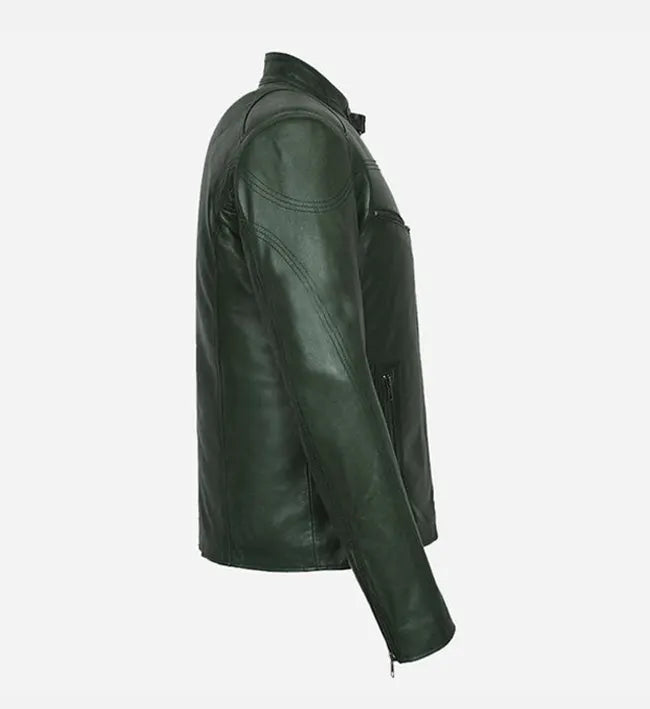 Men's Cafe Racer Dark Green Leather Jacket