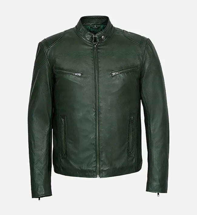 Men's Cafe Racer Dark Green Leather Jacket