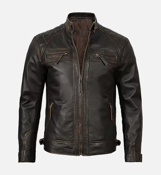 Men's Cafe Racer Distressed Brown Leather Jacket