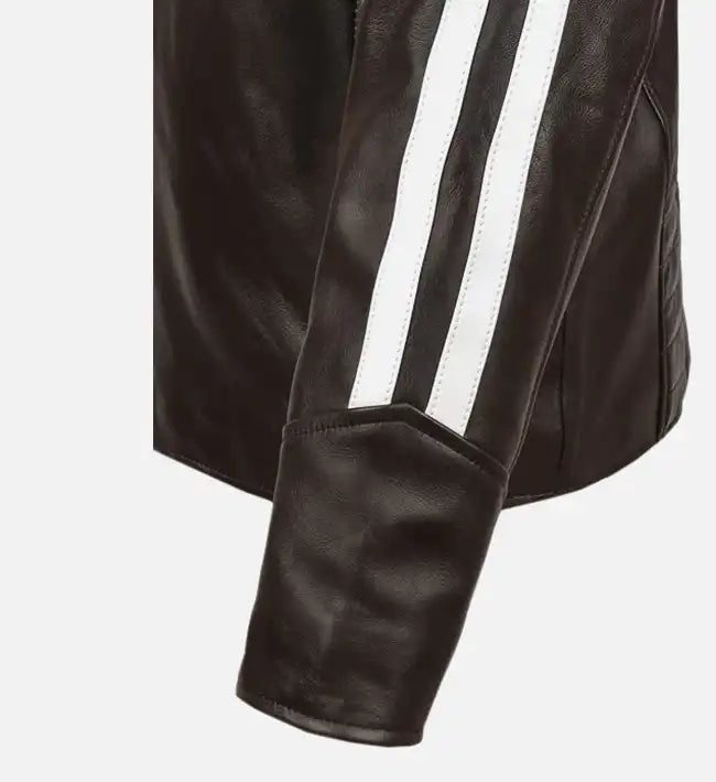 Men's White Stripe Brown Biker Leather Jacket