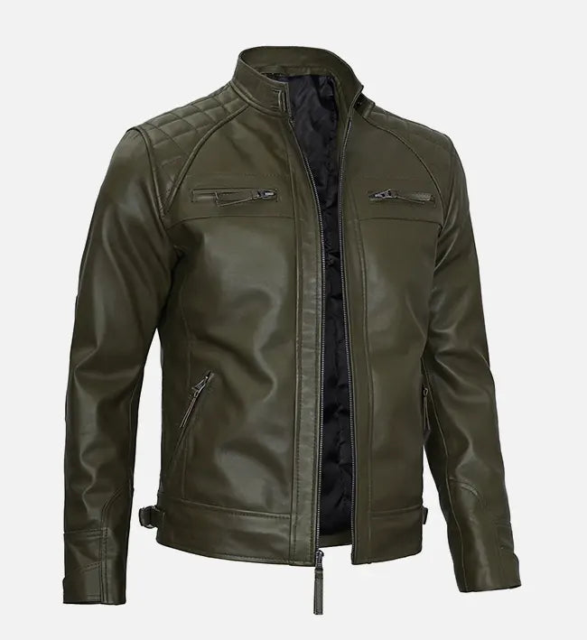 Men's Olive Green Leather Cafe Racer Jacket