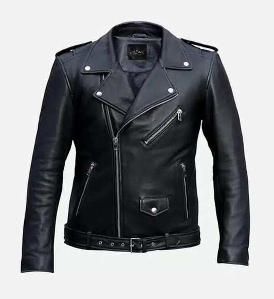 Men's Classic Belted Black Biker Leather Jacket