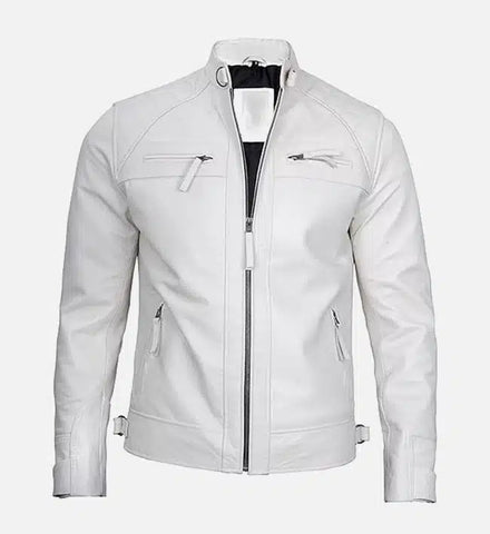 Men's Classic White Leather Cafe Racer Jacket