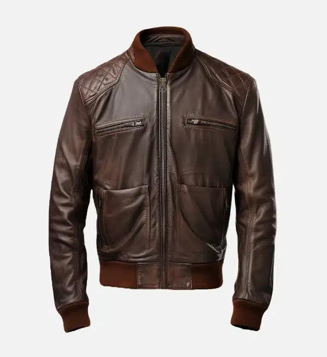 Men's Coffee Brown Bomber Leather Jacket