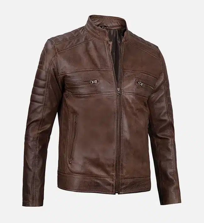 Men's Distressed Coffee Brown  Cafe Racer Leather Jacket