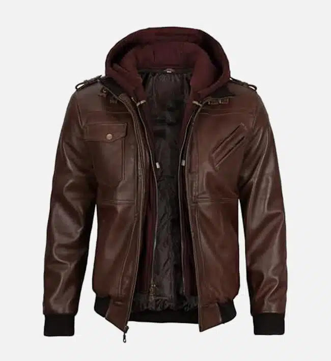 Men's Dark Brown Leather Bomber Jacket With Hood