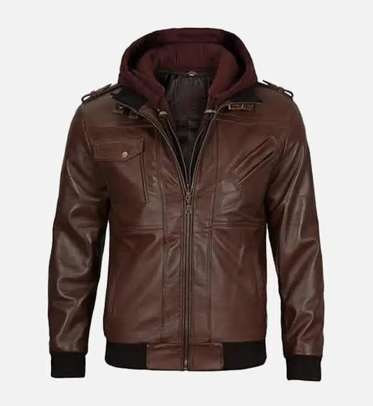 Men's Dark Brown Leather Bomber Jacket With Hood