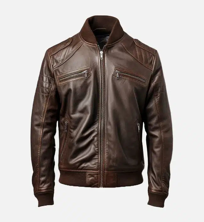 Men's Dark Brown Leather Bomber Jacket