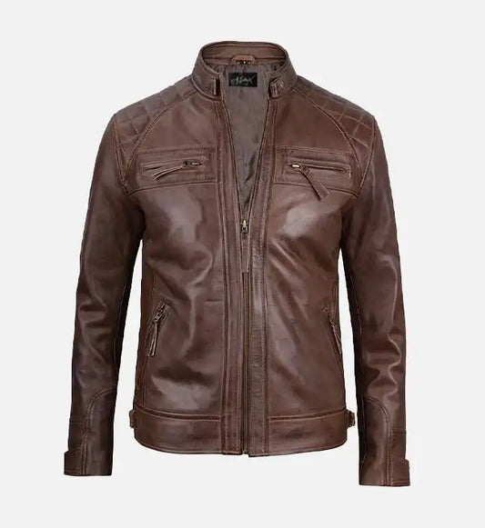 Men’s Diamond Shoulder Style Brown Biker Leather Jacket