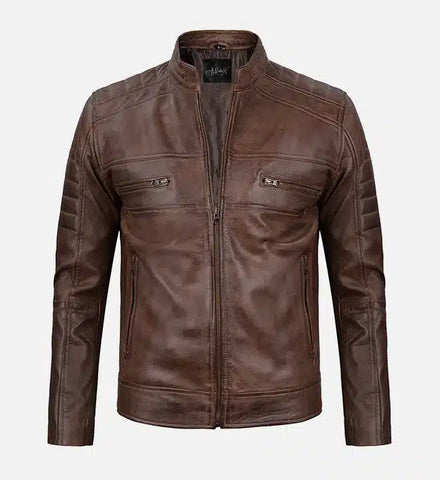 Men's Distressed Coffee Brown  Cafe Racer Leather Jacket