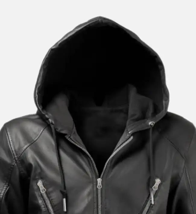 Men’s Black Hooded Leather Jacket