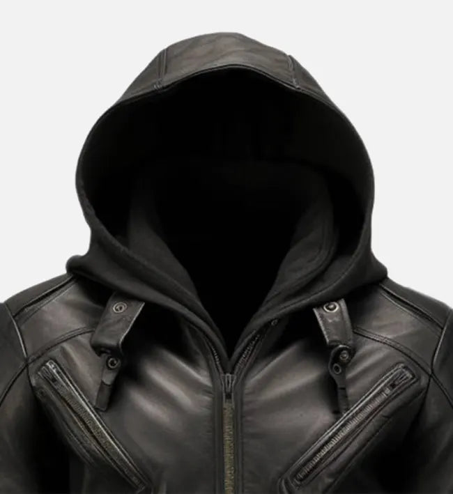 Men’s Black Hooded Leather Jacket