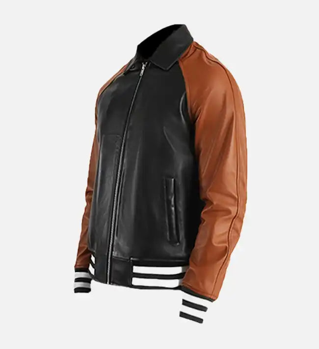 Men's Black & Brown Leather Varsity Jacket