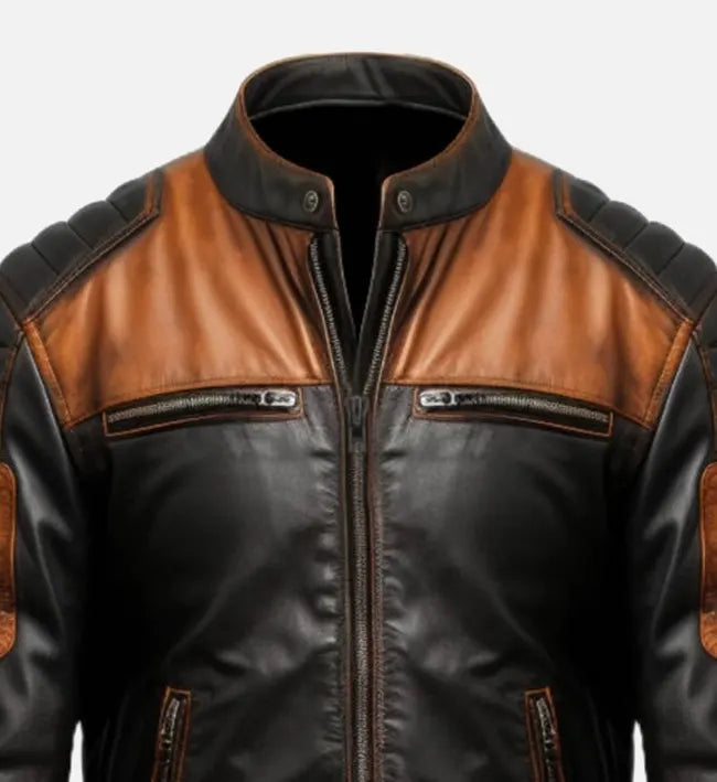 Men's Black & Tan Brown Biker Leather Jacket