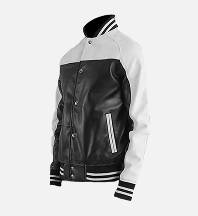 Men's Black & White Leather Varsity Jacket