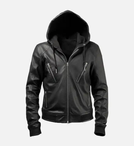 Men’s Black Hooded Leather Jacket