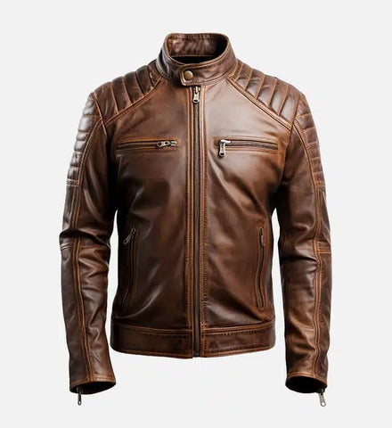 Men's Leo Distressed Brown Cafe Racer Leather Jacket