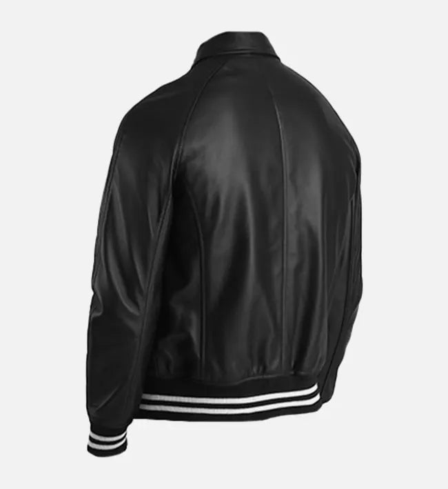 Men's Black Leather Plain Varsity Jacket