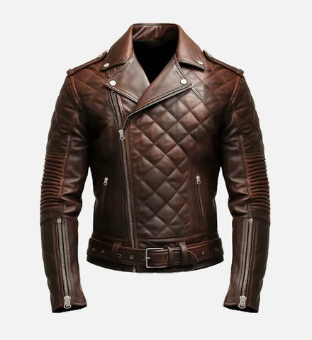 Men's Quilted Biker Brown Leather Jacket