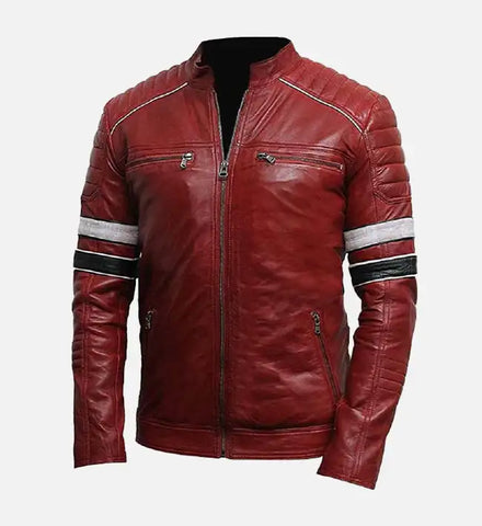 Men’s Red Biker Leather Jacket with Striped