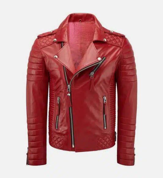 Men's Diamond Quilted Red Biker Leather Jacket