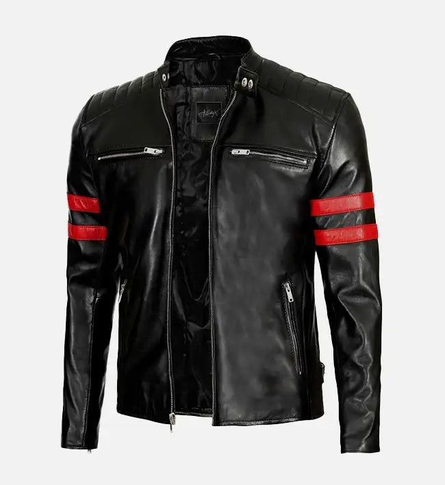 Men’s Red Stripes Black Biker Jacket