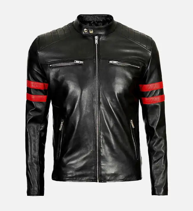 Men’s Red Stripes Black Biker Jacket