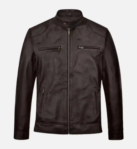 Men's Regular Fit Cafe Racer Brown Leather Jacket