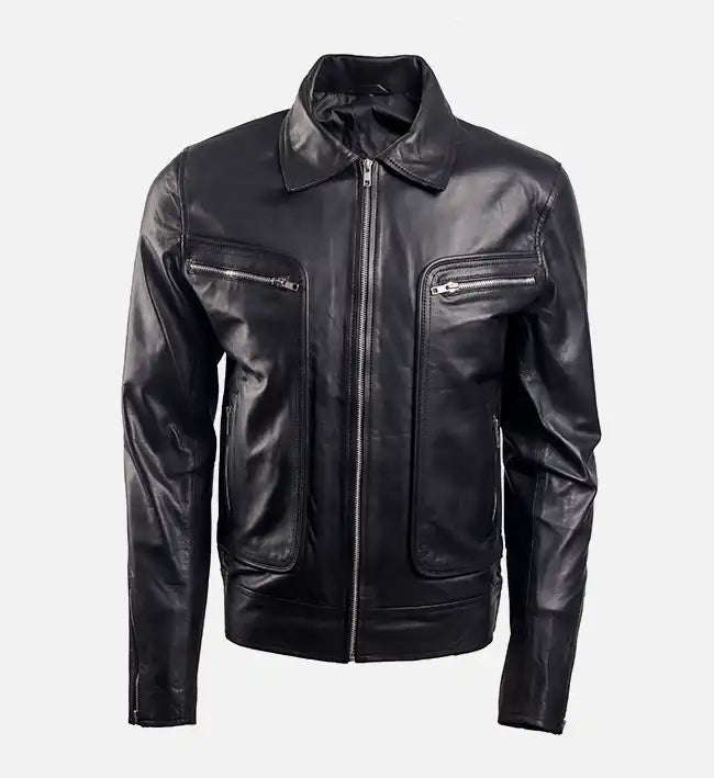 Men’s Shirt Collar Black Biker Leather Jacket