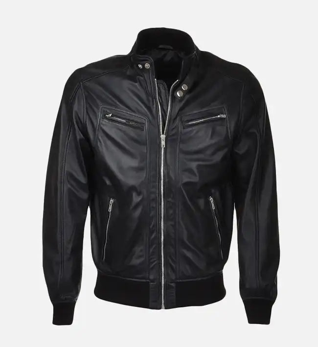 Men’s Snap Double Button Collar Black Leather Bomber Jacket