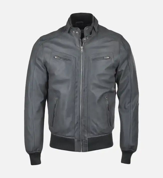 Men’s Snap Double Button Collar Grey Leather Bomber Jacket