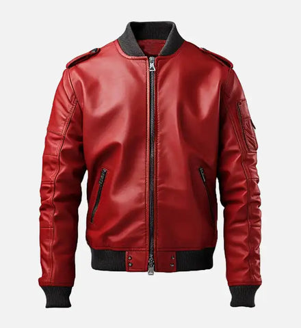 Men's Stylish Red Bomber Leather Jacket