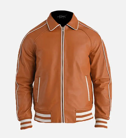 Men's Tan Brown Leather Varsity Jacket