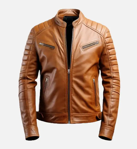 Men's Tan Leather Cafe Racer Jacket