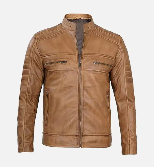 Men's Tan Rust Brown Leather Biker Jacket