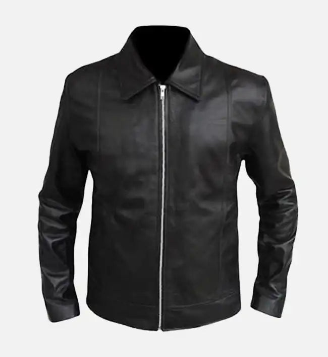 Men’s Vintage Shirt Collar Black Leather Jacket