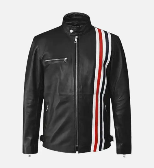 Easy Rider Black Leather Jacket with White Stripes