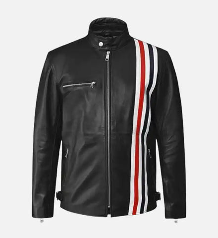 Easy Rider Black Leather Jacket with White Stripes