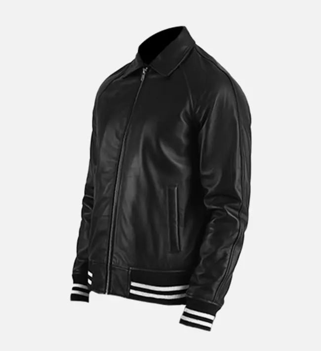 Men's Black Leather Plain Varsity Jacket